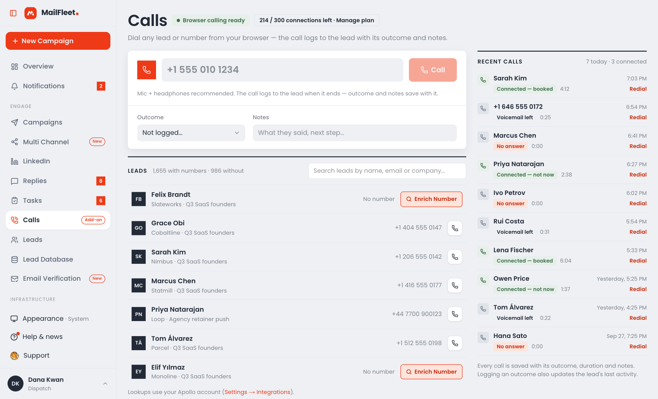 Calls — the browser dialer with recent calls