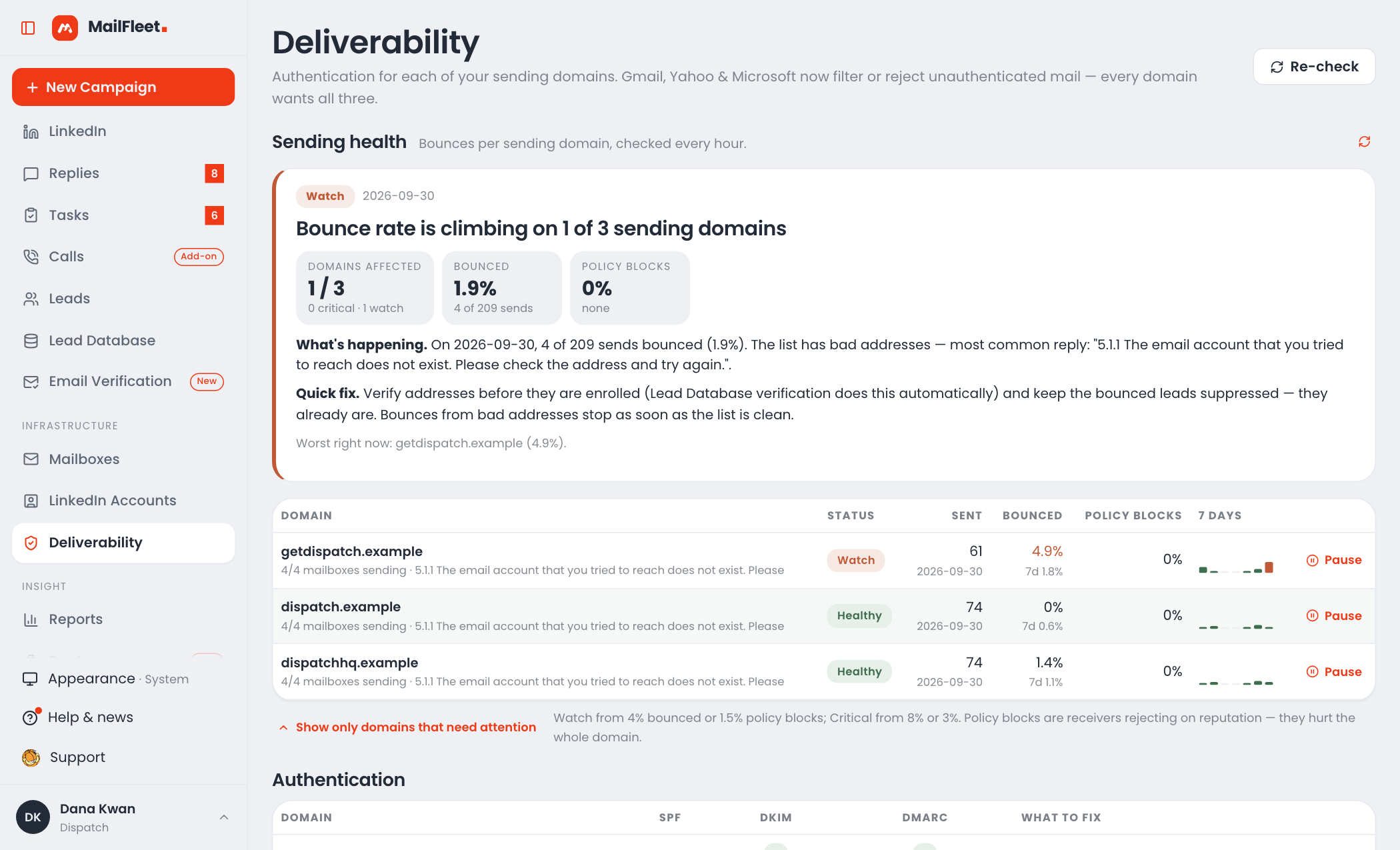 The Deliverability page: bounces and blocks for every sending domain, with a pause for each