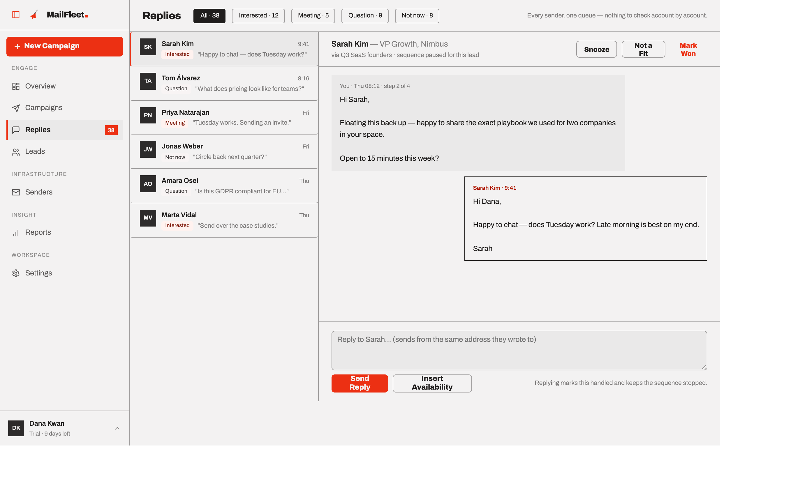 The reply queue: intent filters, thread list and the conversation with the original step